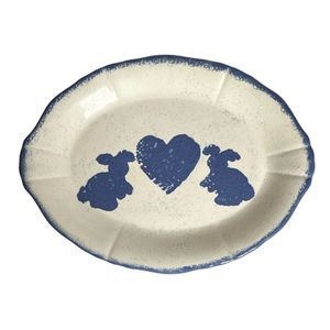 Large Handmade Bunny and Heart Blue & White Ceramic Platter